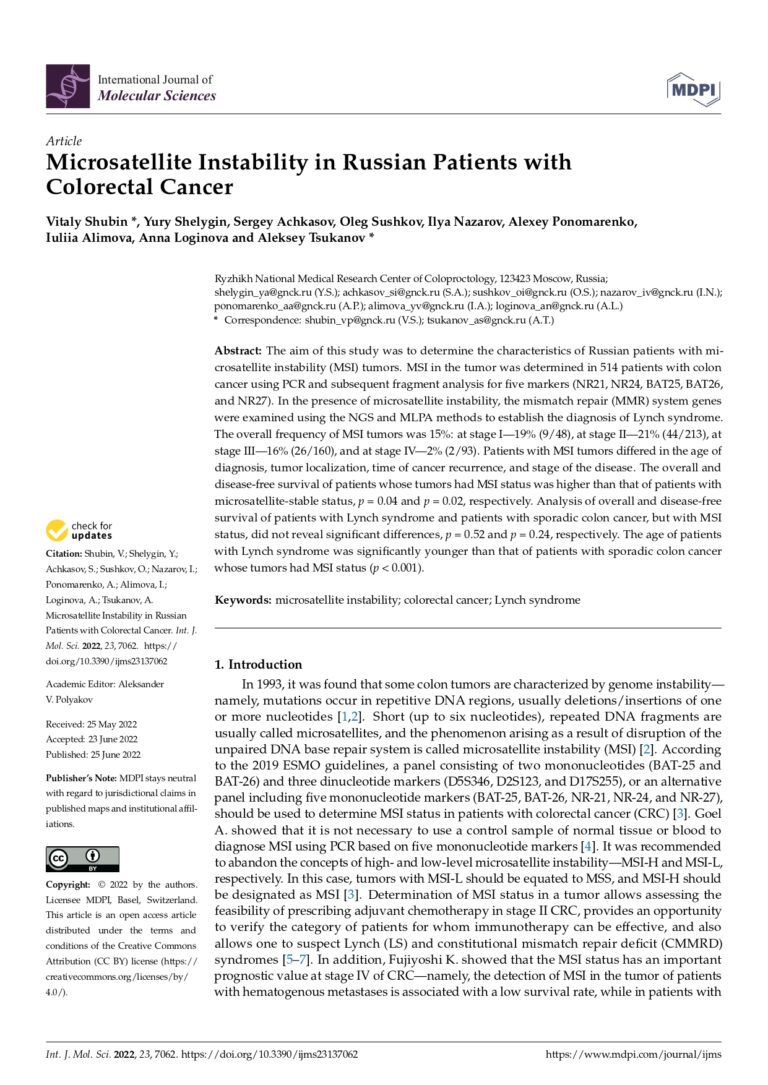 Microsatellite Instability in Russian Patients with Colorectal Cancer